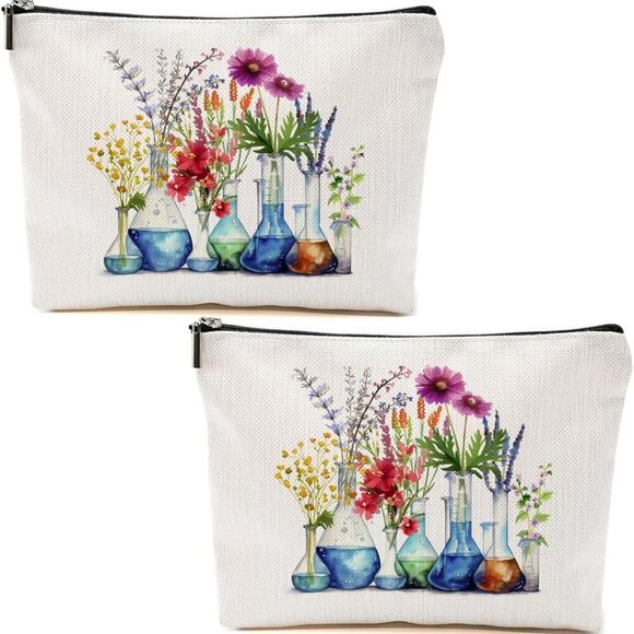 2pcs Science Teacher Gifts Floral Cosmetic Bags for Women, Chemistry Floral Make - Picture 1 of 6
